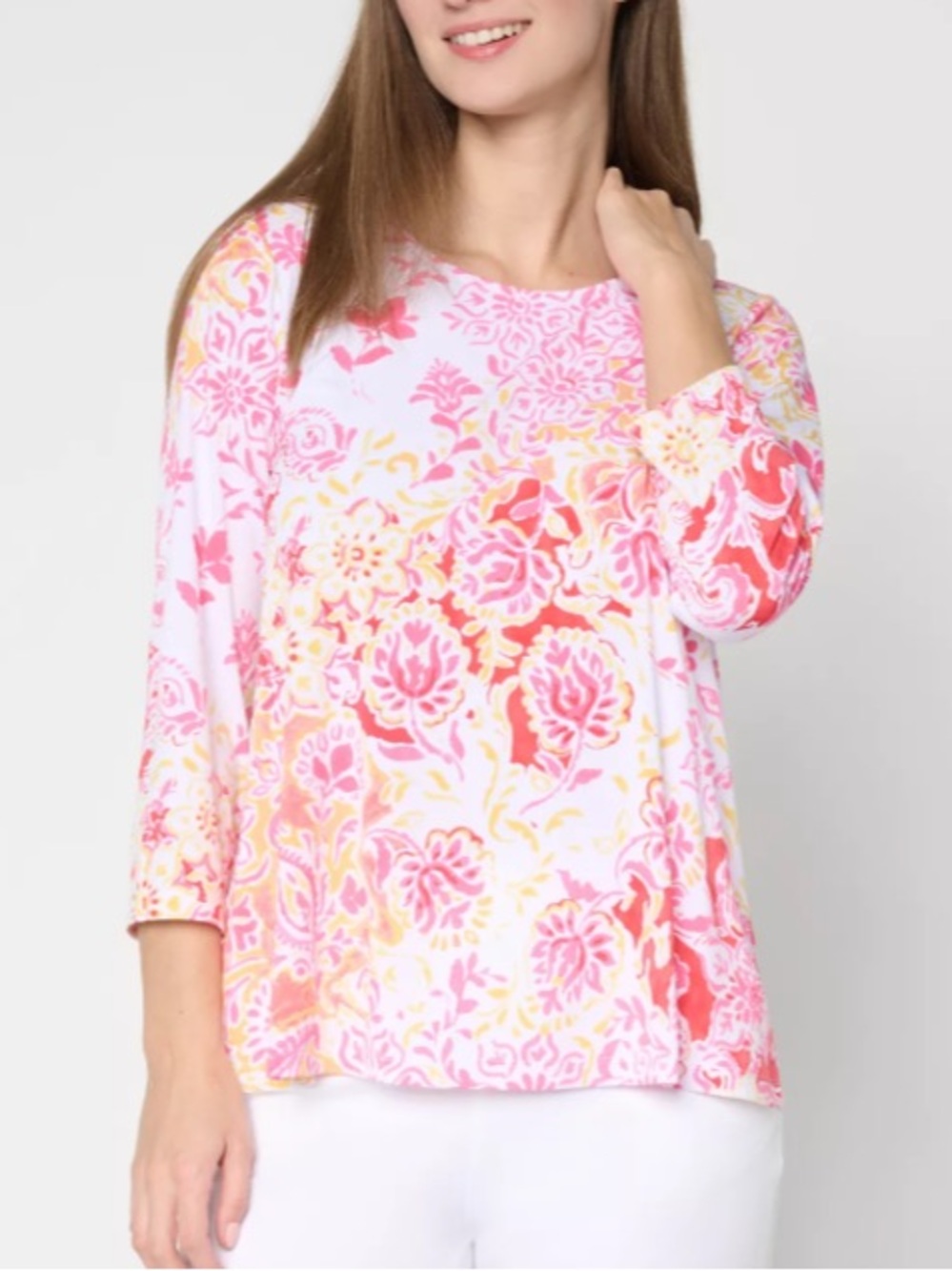 Susan Graver Women’s Floral Top in Pink, Coral & Yellow, Size L